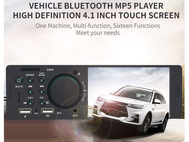 Bluetooth Car Stereo MP5 Player 4.1" TFT Touch Screen, FM Radio, Rear View Camera Input, Dual USB, Bluetooth V5.0, RCA Output, Single Din,