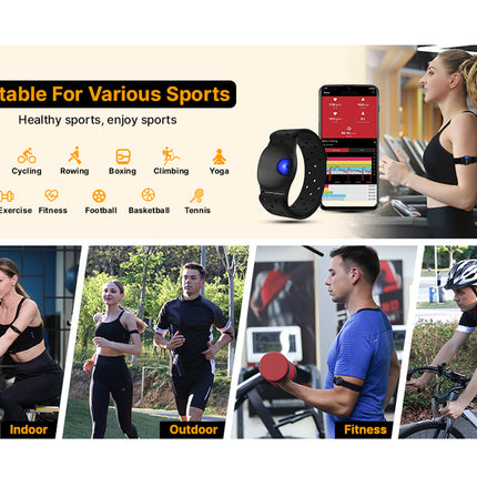 Smartwatch with app interface, people exercising, and text 'Suitable For Various Sports' on a promotional graphic.