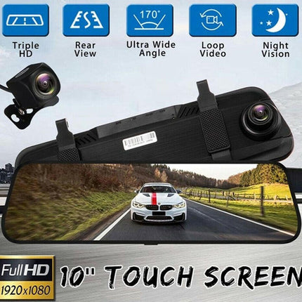 Car dashboard camera with touch screen and various features displayed on a road background