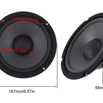 A pair of black circular car subwoofers shown on a white background with red dimension lines and text indicating measurements: 167mm/6.57in width, 111mm/4.