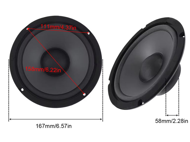 A pair of black circular car subwoofers shown on a white background with red dimension lines and text indicating measurements: 167mm/6.57in width, 111mm/4.