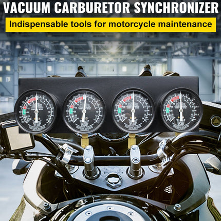 Motorcycle dashboard with vacuum carburetor synchronizer and text about motorcycle maintenance tools.