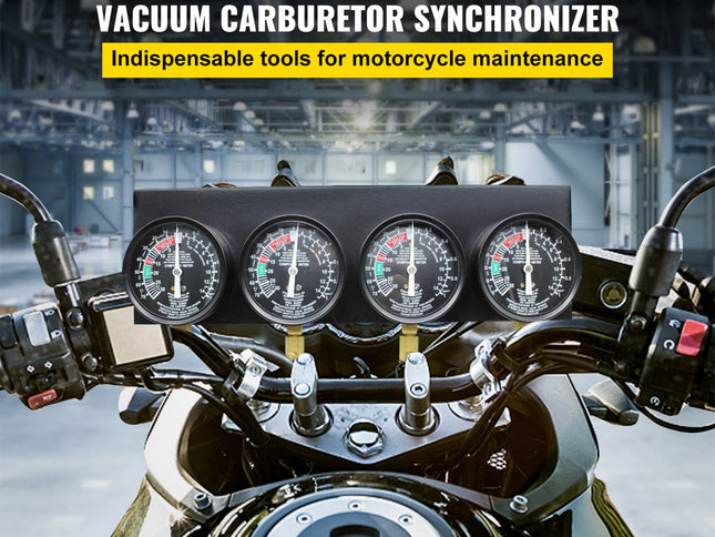 Motorcycle dashboard with vacuum carburetor synchronizer and text about motorcycle maintenance tools.