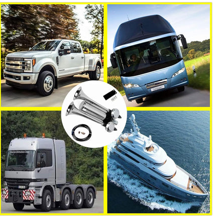 A collage showing four vehicles around a central product photo: a white pickup truck, a blue tour bus, a silver semi-truck, and a white yacht. The center contains a metallic cylindrical mechanical part with a small black rectangular item and a hose on a white background, bordered by a yellow frame.