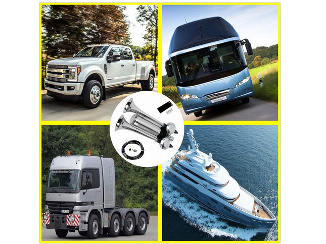 A collage showing four vehicles around a central product photo: a white pickup truck, a blue tour bus, a silver semi-truck, and a white yacht. The center contains a metallic cylindrical mechanical part with a small black rectangular item and a hose on a white background, bordered by a yellow frame.