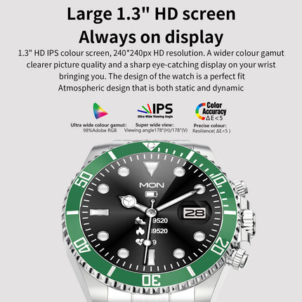 A promotional product graphic for a MON brand wristwatch with a large black dial, green bezel, and silver-tone case, shown below marketing text on a light gray background.
