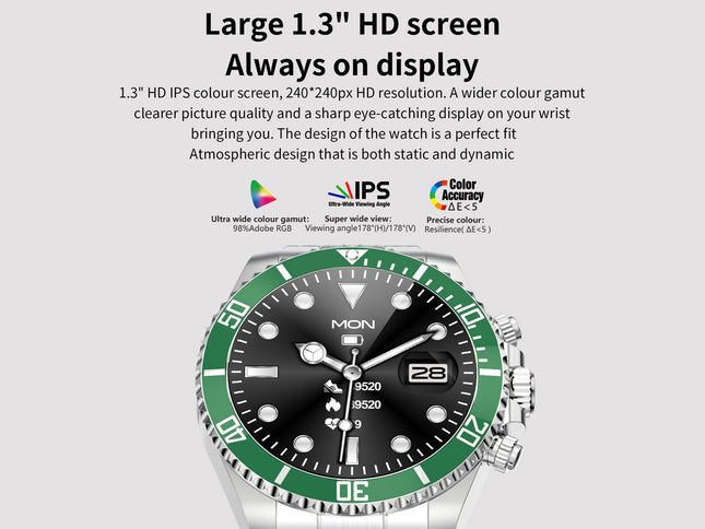 A promotional product graphic for a MON brand wristwatch with a large black dial, green bezel, and silver-tone case, shown below marketing text on a light gray background.