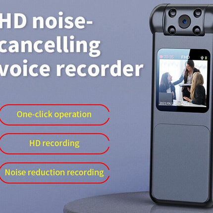 HD noise-cancelling voice recorder with features listed on a blue background