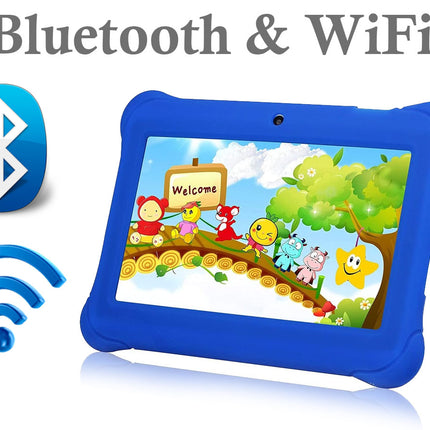 Blue children's tablet with cartoon characters on screen, Bluetooth and WiFi icons displayed.
