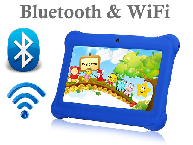 Blue children's tablet with cartoon characters on screen, Bluetooth and WiFi icons displayed.