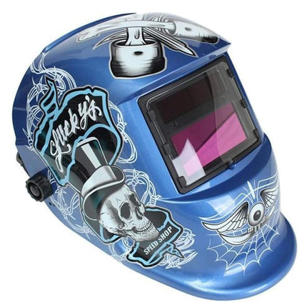 Blue welding helmet with decorative designs on a white background