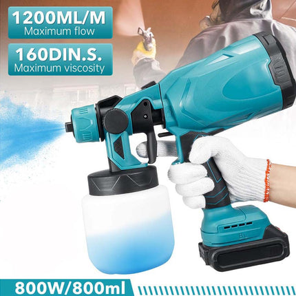 Turquoise spray gun held by a person wearing white gloves, with text on performance specifications.