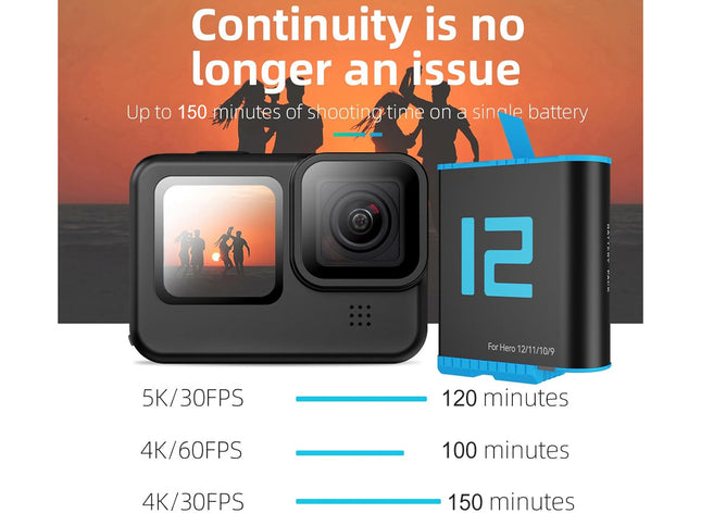 An action camera shown alongside a matching battery pack on a white background with promotional text. The camera is black with a screen displaying a sunset scene, and the battery is black with bright blue accents and a large '12' marking.