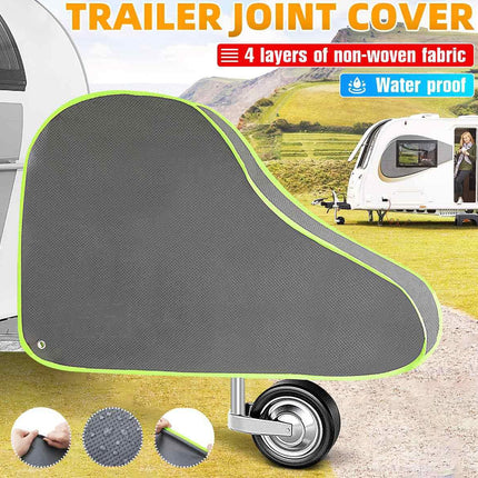 Trailer joint cover with text highlighting features on a scenic background