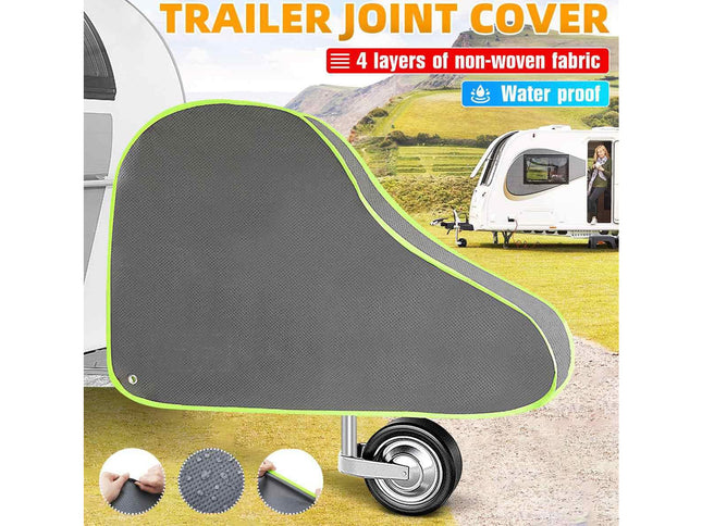 Trailer joint cover with text highlighting features on a scenic background