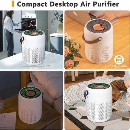 A 2x2 collage showing a compact white desktop air purifier in different real-world settings: on a table, on a wooden desk with flowers, on a bedside table, and next to a bed while a person lies down. The top header reads 'Compact Desktop Air Purifier' with dimensions and weight shown in the inset photos.