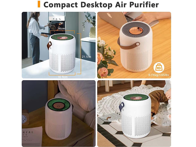 A 2x2 collage showing a compact white desktop air purifier in different real-world settings: on a table, on a wooden desk with flowers, on a bedside table, and next to a bed while a person lies down. The top header reads 'Compact Desktop Air Purifier' with dimensions and weight shown in the inset photos.