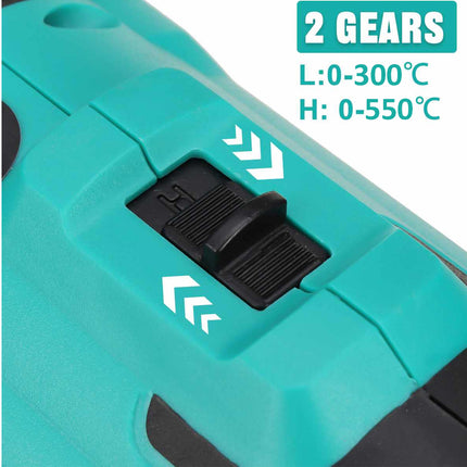 Teal tool with temperature control switch and text indicating gear settings on a white background