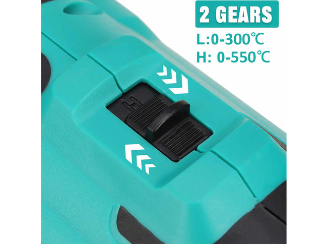 Teal tool with temperature control switch and text indicating gear settings on a white background