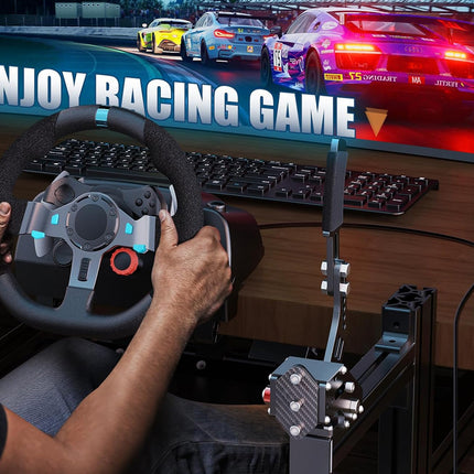 Person using a steering wheel and pedals in front of a racing game on a monitor.