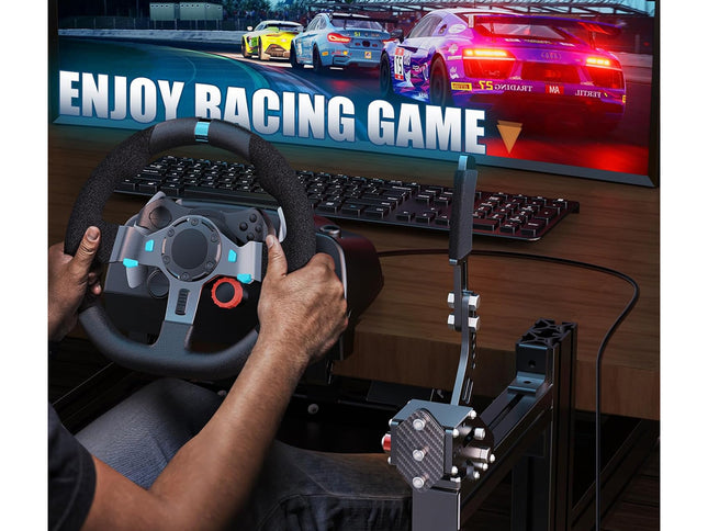 Person using a steering wheel and pedals in front of a racing game on a monitor.