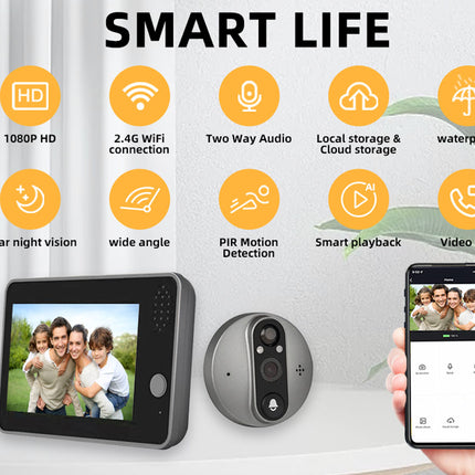 Smart home security system with video doorbell and smartphone app on a white background