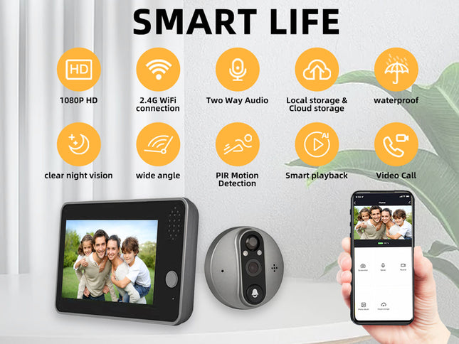Smart home security system with video doorbell and smartphone app on a white background