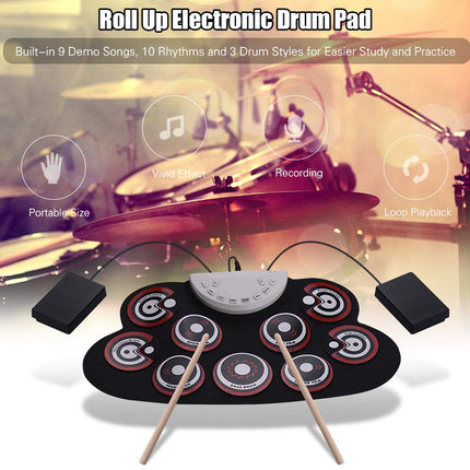 Roll-up electronic drum pad with features highlighted on a blurred background of a drummer.