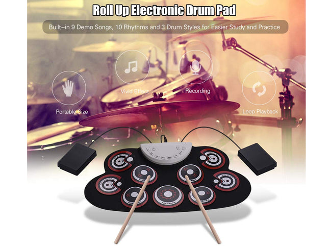 Roll-up electronic drum pad with features highlighted on a blurred background of a drummer.