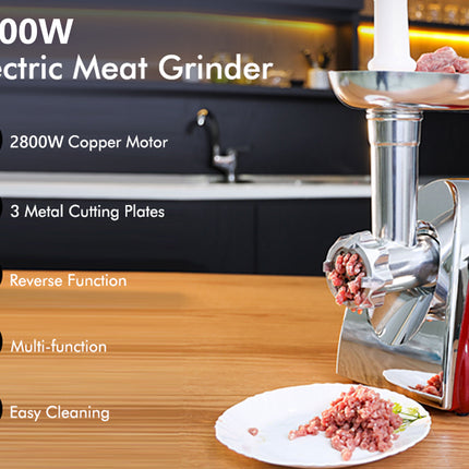 2800W Electric Meat Grinder with features listed on a kitchen counter.