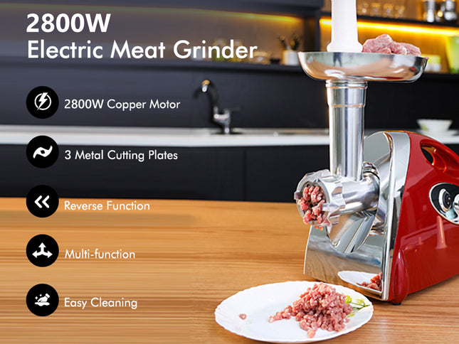2800W Electric Meat Grinder with features listed on a kitchen counter.