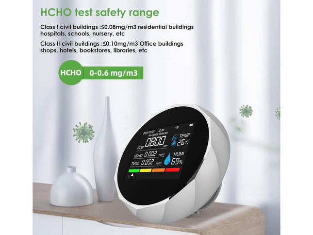 5-in-1 Air Quality Monitor - CO2, HCHO & TVOC Detector | with Bluetooth App, Temp & Humidity, 2.8" LCD, 1500mAh Battery, Black