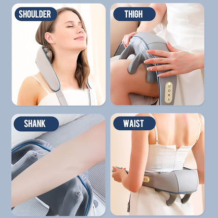 Massage device being used on different parts of the body with labeled areas.