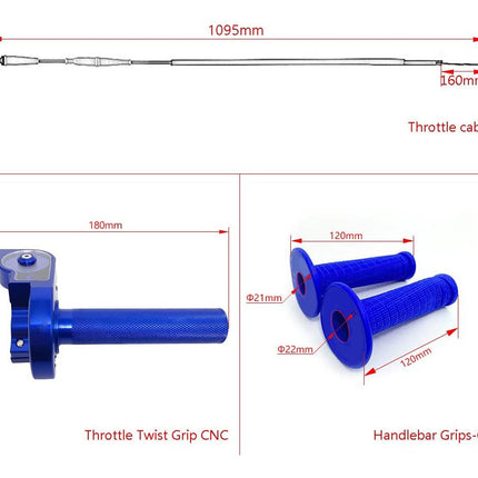 Technical drawing of throttle twist grip and handlebar grips with measurements on a white background