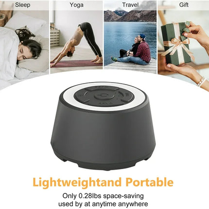 Black cylindrical device with text about portability and features, surrounded by lifestyle images.