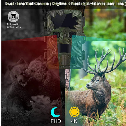 Game camera with images of animals and features highlighted on a white background