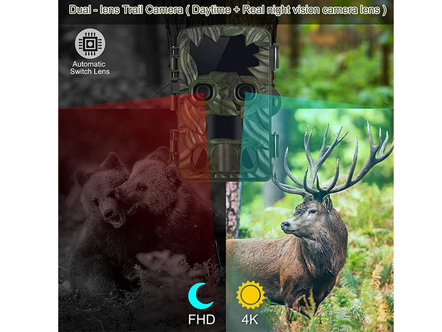 Game camera with images of animals and features highlighted on a white background
