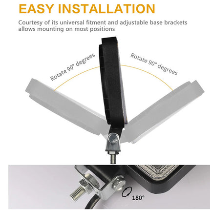 Ceiling fan with adjustable base brackets and text about easy installation.