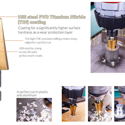 A composite product listing graphic for a HSS steel PVD Titanium Nitride (TiN) coated drill bit. The left side features a large, clean product rendering of the gold-colored conical drill bit with text callouts explaining its coating and hardness.