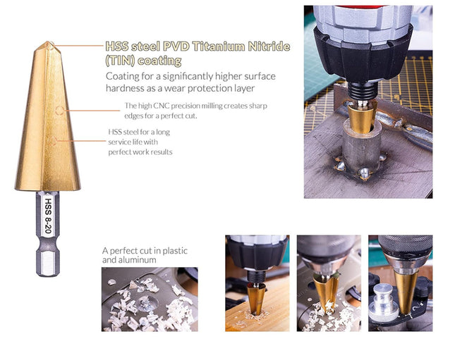 A composite product listing graphic for a HSS steel PVD Titanium Nitride (TiN) coated drill bit. The left side features a large, clean product rendering of the gold-colored conical drill bit with text callouts explaining its coating and hardness.