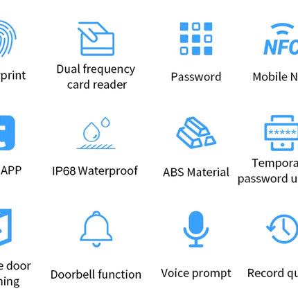 A grid of blue feature icons with black text on a white background, showing capabilities such as fingerprint, dual frequency card reader, password, mobile NFC, Tuya APP, IP68 waterproof, ABS material, temporary password unlock, remote door opening, doorbell function, voice prompt, and record query.