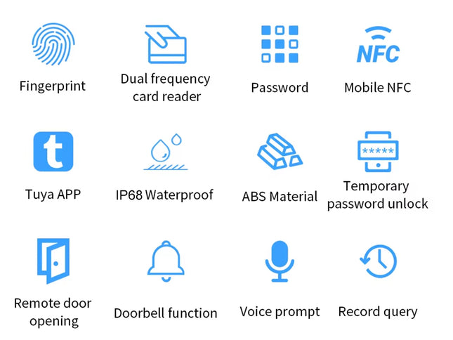 A grid of blue feature icons with black text on a white background, showing capabilities such as fingerprint, dual frequency card reader, password, mobile NFC, Tuya APP, IP68 waterproof, ABS material, temporary password unlock, remote door opening, doorbell function, voice prompt, and record query.