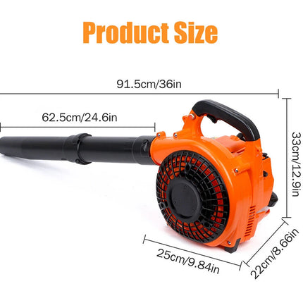 Orange and black leaf blower with dimensions labeled on a white background