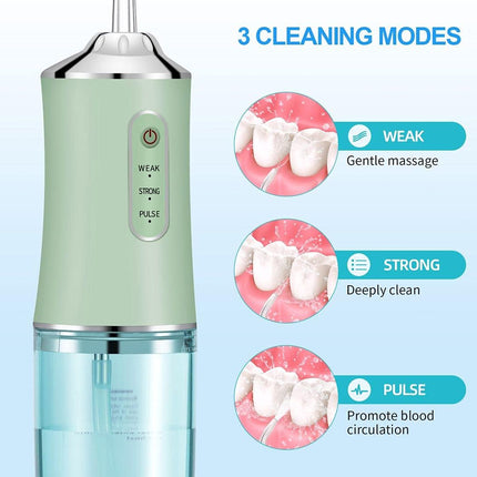 Dental cleaning device with three cleaning modes on a light blue background