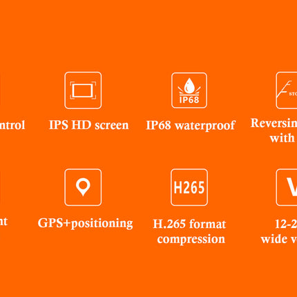 List of features on an orange background with icons and text.