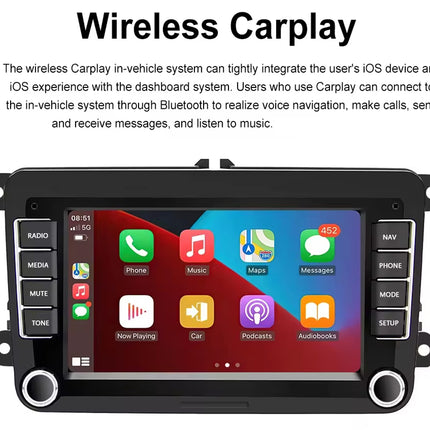 Car multimedia system with wireless Carplay integration on a white background