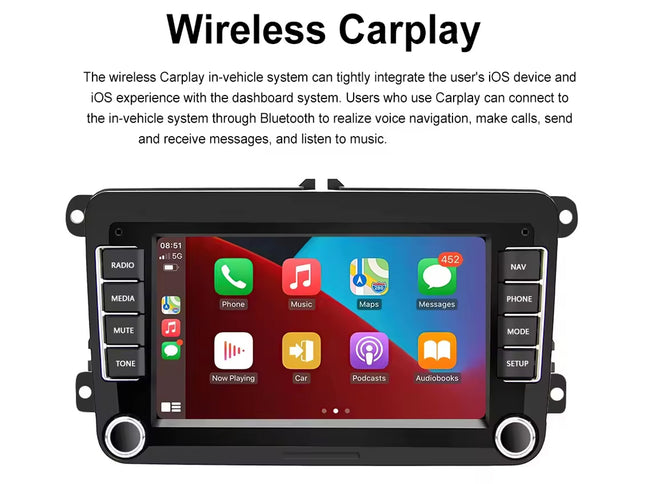 Car multimedia system with wireless Carplay integration on a white background