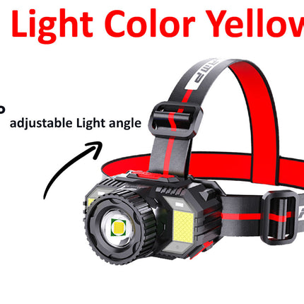 Headlamp with red headband and adjustable light angle feature on a white background