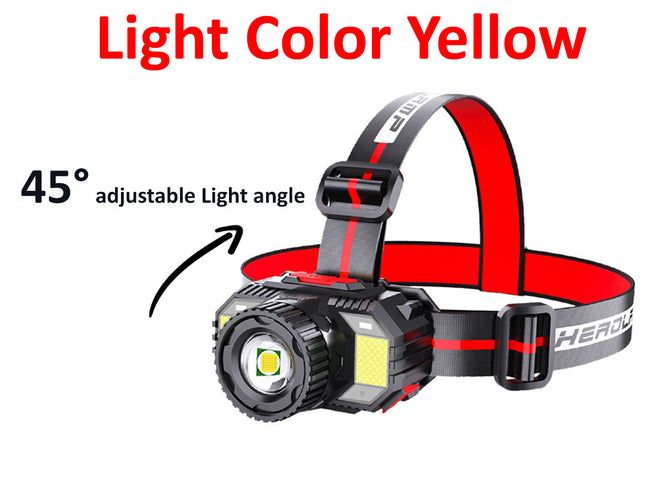 Headlamp with red headband and adjustable light angle feature on a white background