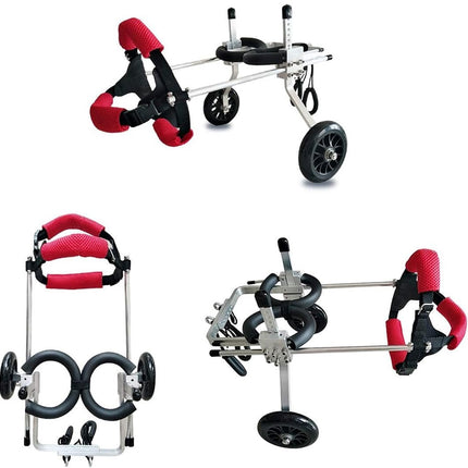 Multiple views of a golf trolley with red handles on a white background